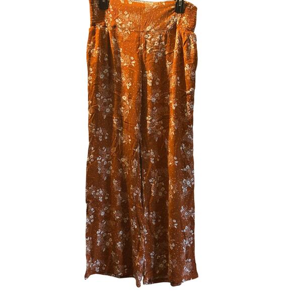 3 Dots orange floral stretchy wide leg pull-on pants Large boho Beachy comfy - Picture 2 of 7
